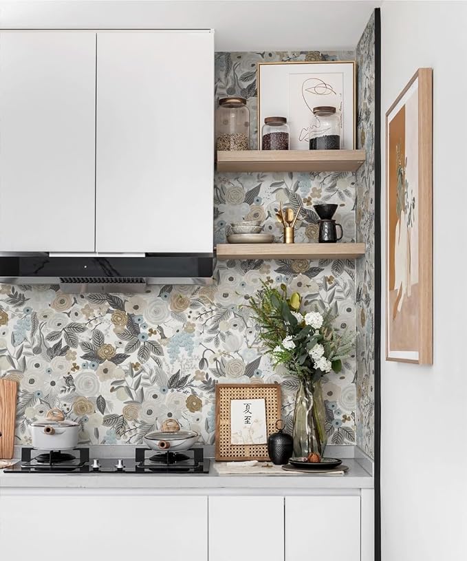 Ismoon Floral Peel and Stick Wallpaper Gray Contact Paper Vintage Removable Self-Adhesive Wallpaper Boho Watercolor Renovated Furniture for Cabinets Shelves Counter Tops Wall Decor Roll 17.3in x197in - Image 6