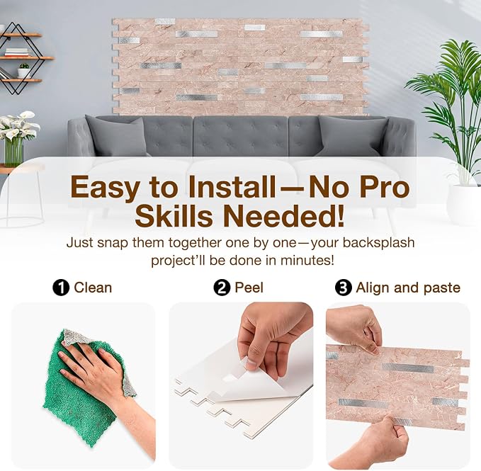 Peel and Stick Backsplash Tile Waterproof Removable PVC Wall Sticker 3D Faux Stone Marble Brick White Accent Panels (Pink Marble - Metal Silver, 40 Tiles - 18 sq. ft. (1.68 m²)) - Image 5