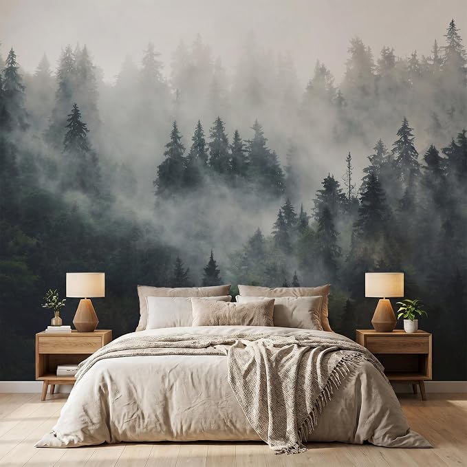 MFWFM Misty Forest Peel and Stick Wallpaper Foggy Forest Scenic Wall Murals | 137"x96", for Bedroom Living Room Bathroom, Self Adhesive Canvas - Image 2