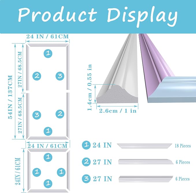3 Set Panels Peel and Stick Premade Wainscoting Accent Wall Panels for Interior Wall Decor Easy DIY Build and Picture Frame Door Decor (54 x 24 + 24 x 24in) - Image 3