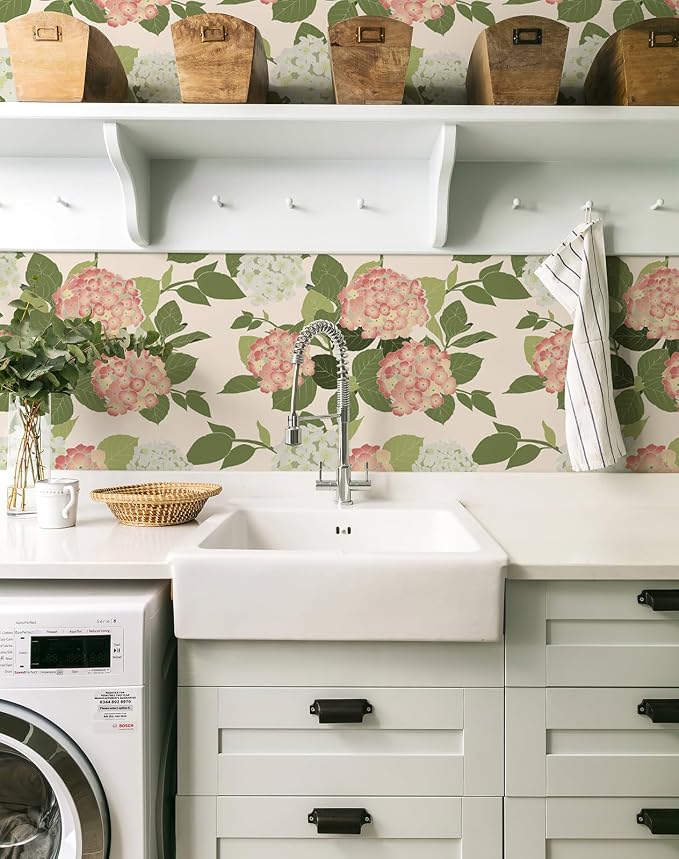 Floral Peel and Stick Wallpaper Self Adhesive Hydrangea Wall Paper French Country Cream Stick on Wallpaper for Bedroom Wall Decor Elegant Mural (Blush Hydrangea, 118" X 17.4") - Image 2