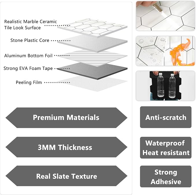 Vamos Tile Long Hexagon Peel and Stick Backsplash Tile - 10 Sheets Stick on Backsplash for Kitchen and Bathroom 12.4 x 12 Inch Glossy Dolomite White PVC Self Adhesive Mosaic Wall Tiles - Image 4