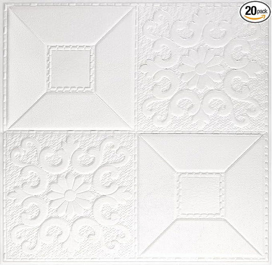 Nuanchu 20 Pcs 13.8 x 13.8 Inch Ceiling Tiles Peel and Stick, Mixed Style | Foam White 3D Wall Panels 26-105.5 Sq. ft Adhesive Glue up Waterproof Wallpaper for DIY Office Home by Nuanchu