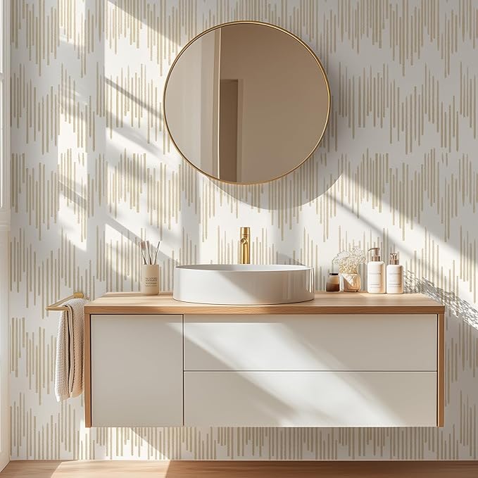 WENMER Beige Wallpaper, Modern Peel and Stick Wallpaper, Striped Wall Paper, 17.7''×394'' Beige Geometric Wall Paper for Bathroom Cabinets Kitchen - Image 5