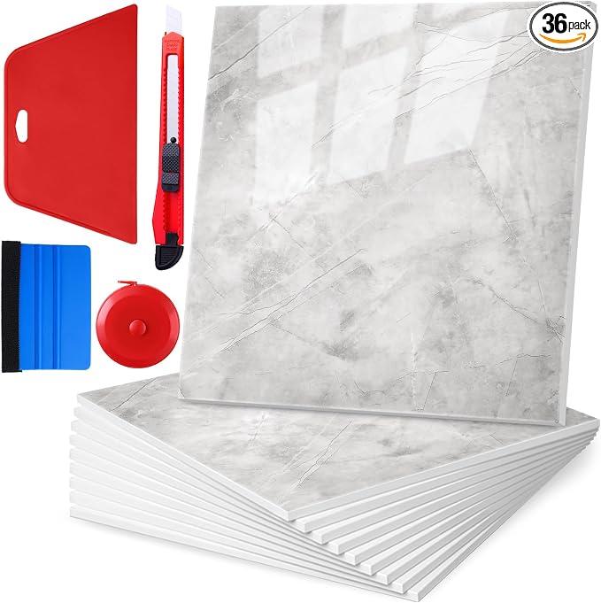 Nuanchu 36 Pcs Peel and Stick Shower Waterproof Tiles Wall Panels 12 x 12 Inch Self Adhesive Backsplash with Ruler Knife & 2 Scrapers for Washroom Bathroom Living Room, Not Real Tile (Grey Marble) by Nuanchu