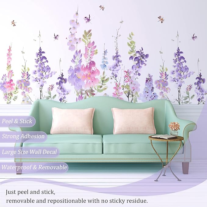 Purple Flowers Wall Decals Peel and Stick, Large Hanging Floral Vinyl Wall Stickers, Removable Vine Home Decor Art for Bedroom Living Room Classroom Office - Image 3