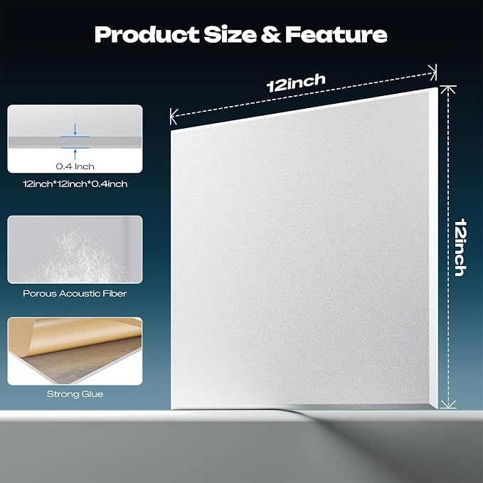 Sonicism 12 Pack Acoustic Wall Panels with Self-Adhesive, 12" X 12" X 0.4" Sound Proof Foam Panels, Decorative Soundproof Wall Panels, Sound Proof Absorbing Tiles for Home & Offices, White - Image 4