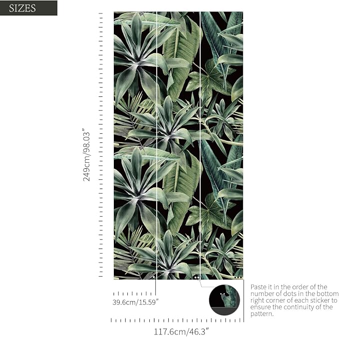 Tropical Peel and Stick Watercolor Green Leaves Wall Mural, Leather Textured Vintage Self-Adhesive Wallpaper for Accent Wall Decor, Black Background, 46.3'' x 98.03'' - Image 3