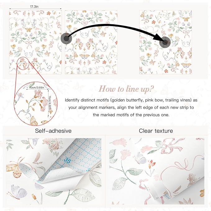 Peel and Stick Wallpaper for Nursery White Cute Bow Leaf Waterproof | 78.7"×17.3" Colorful Butterfly Wallpaper Cute Accent Wall Decor with Grid Lines for Bedroom Vinyl Self-adhesive - Image 8