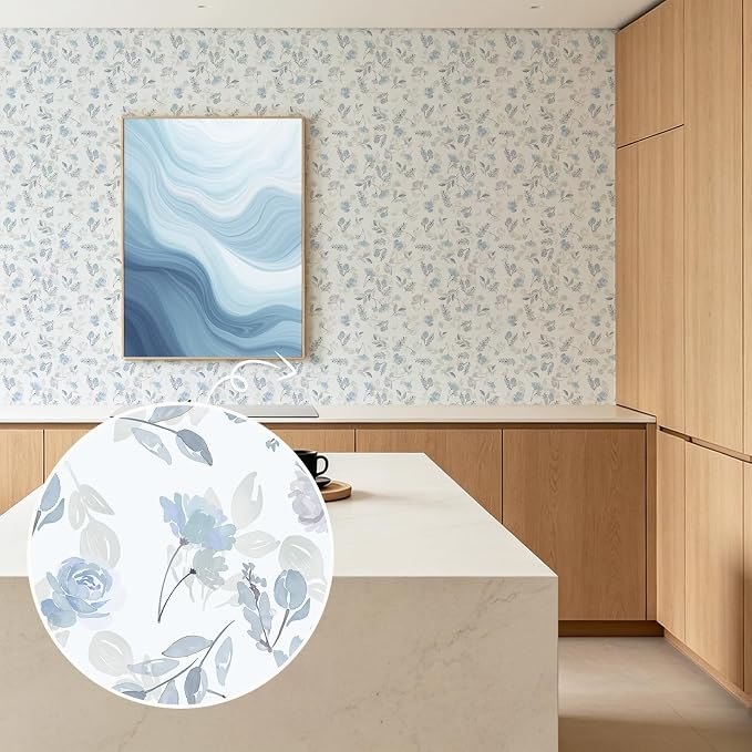 Soft Blue Watercolor Floral Peel and Stick Wallpaper, 17.3" x 472" Removable & Waterproof Vinyl Wallpaper, Soft Pastel Flower Self-Adhesive Contact Paper for Nursery Bedroom Cabinets - Image 9