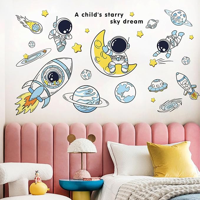 Arawat Space Decor Astronaut Wall Stickers - Space Theme Bedroom Classroom Playroom Murals & Decals - Wall Decals for Boys Girls Room - Outer Space Wallpaper With Planets - Image 3