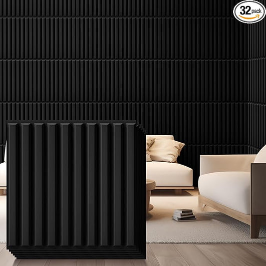 Nuanchu 32 Pcs 3D Wall Panels, 12"x12" PVC Fluted Tiles, Black | Waterproof Accent Panels, Paintable Wall Tiles, for TV Background, Bedroom, Bathroom, Gaming Room, Cuttable Home DIY Decor by Nuanchu