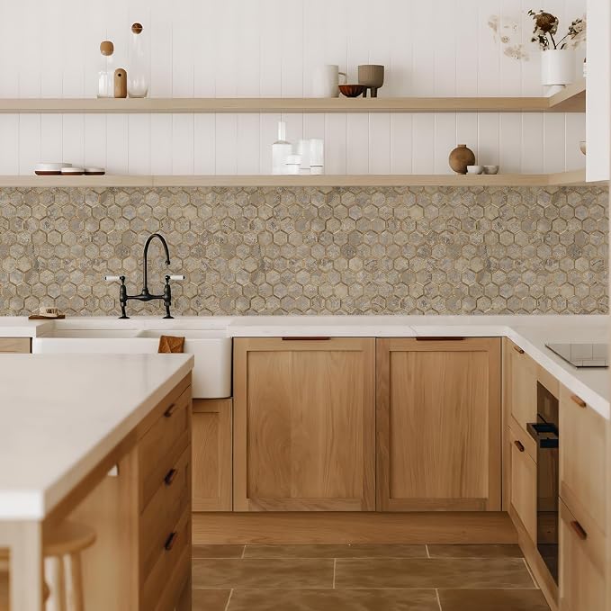 STICKGOO Hexagon Peel and Stick Backsplash Tile, Stick on Backsplash for Kitchen and Bathroom, Stone Beige PVC Mixed Metal Gold Self Adhesive Wall Tiles(10 Sheets, Seamless) - Image 6