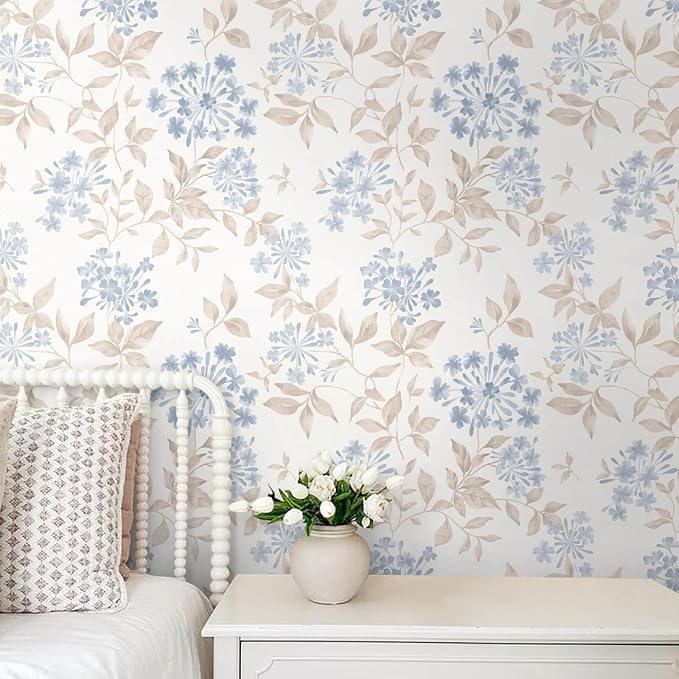 Heroad Boho Floral Wallpaper Blue/Beige Peel and Stick Wallpaper Neutral Leaf Contact Paper Removable Self Adhesive Wall Paper for Cabinet Bedroom Bathroom Waterproof Decor Vinyl Roll 17.3''x78.7'' by HeroadBrand