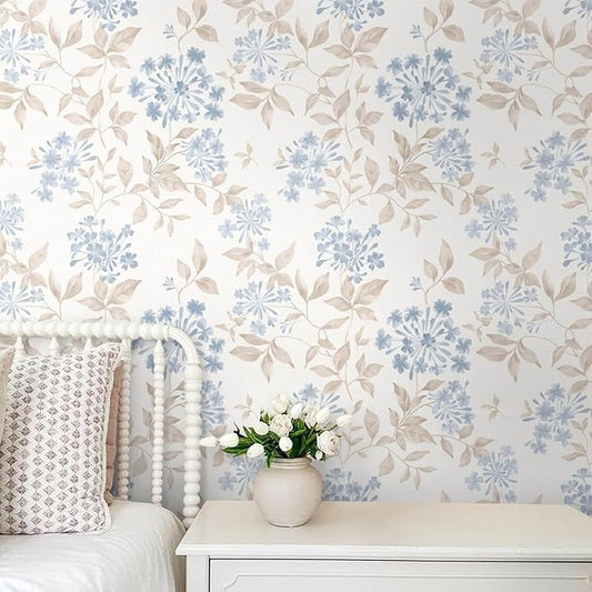 Heroad 17.3''x32.8ft Boho Floral Wallpaper Blue/Beige Peel and Stick Wallpaper Neutral Leaf Contact Paper Removable Self Adhesive Wall Paper for Cabinet Bedroom Bathroom Waterproof Decor Vinyl Roll by HeroadBrand