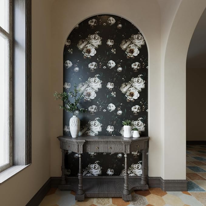 Laatse Dark Black Floral Wallpaper Peel and Stick 17.5" × 787" | Self Adhesive/Removable/Waterproof/Thick Vinyl Extra Long Contact Paper for Bathroom Bedroom Shelf Cabinet Drawer,Prepasted - Image 3