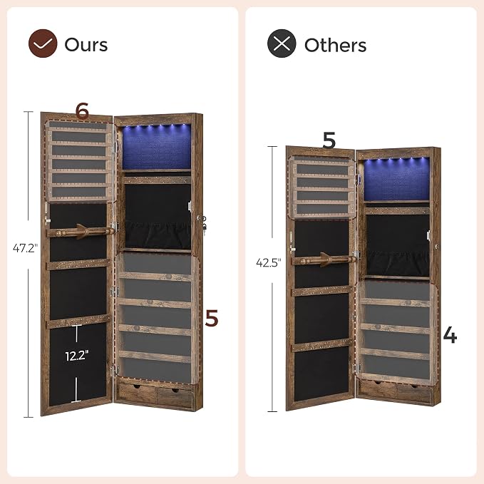 SONGMICS 6 LEDs Mirror Jewelry Cabinet, 47.2-Inch Tall, Lockable - Image 7