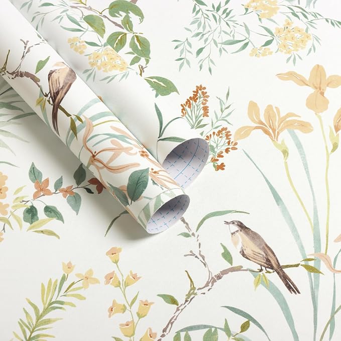 Erfoni Colorful Floral Birds Wallpaper Boho Floral Peel and Stick Wallpaper | 16.9" x118" DIY Self Adhesive Contact Paper Removable Wallpaper for Bedroom Cabinet Decor Modern Flower Leaf Vinyl Roll - Image 8
