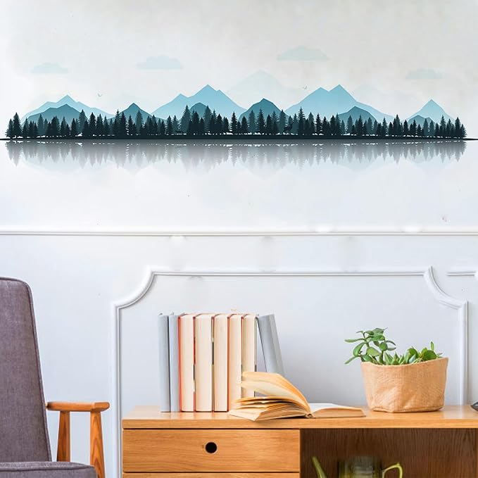 Chinese Style Blue Mountain Landscape Painting Wall Stickers Decals | Peel and Stick, Removable, Wall Art Decals, Wall Decoration, Living Room Bedroom, Office Sofa TV Home Wall Decor - Image 6