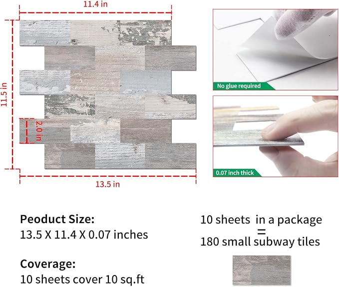 DEWOO Peel and Stick Wall Tile Kitchen Backsplash Self Adhesive 10 Sheet | PVC,Rustic,Faux Wood like,Country,Farmhouse,13.5" x 11.4" - Image 6