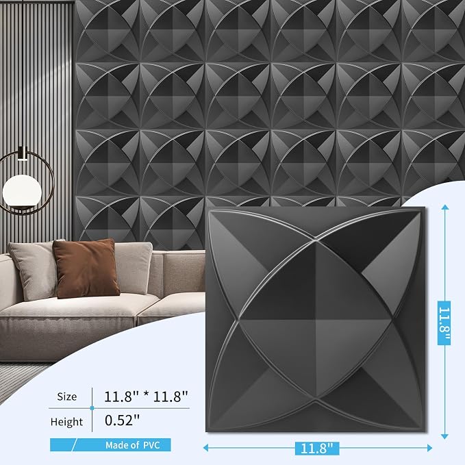 Art3d Waterproof 3D Textured PVC Decorative Wall Panels, 33-Pack, Black | Cover 32 Sq. Ft, Break-Proof, Scratch Resistant, Glue-Up, Anti-Sag, Ideal for Interior Wall Decor, Living Room, Bedroom - Image 3