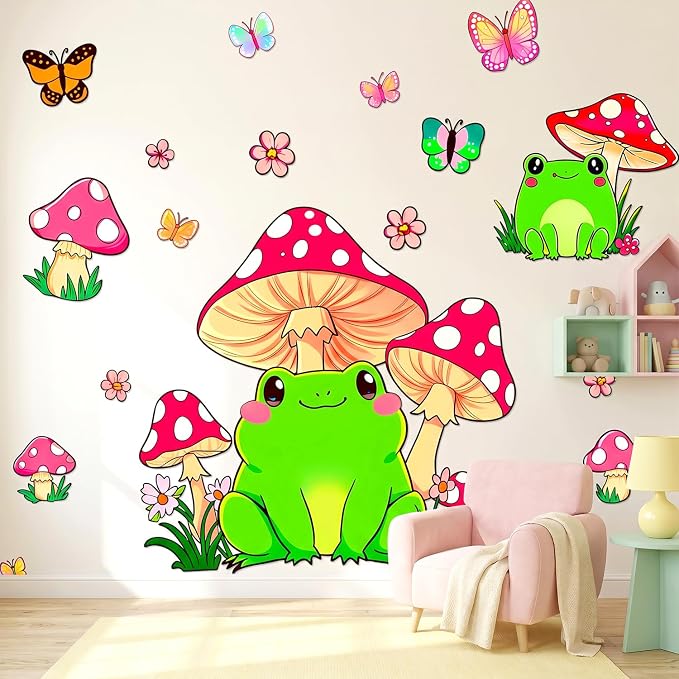 Frog Mushroom Butterfly Wall Decals, Floral Flowers Nursery Wall Stickers | Adorable forest butterflies flowers peel and stick wall decor, removable vinyl wall art mural for kids bedroom preschool - Image 5