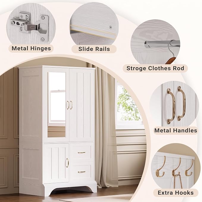LIKIMIO Armoire Wardrobe with Mirror, 3-Door Hanging Rod & Drawers - Image 3