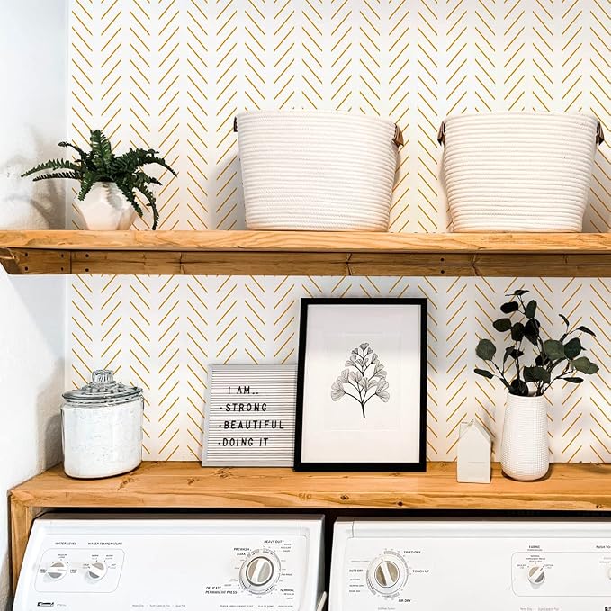Erfoni Yellow White Peel and Stick Wallpaper Modern Herringbone Wallpaper | 17.7in x 393.7in Geometric Removable Contact Paper Bathroom Peel and Stick Self Adhesive Cabinets Wallpaper Waterproof - Image 4