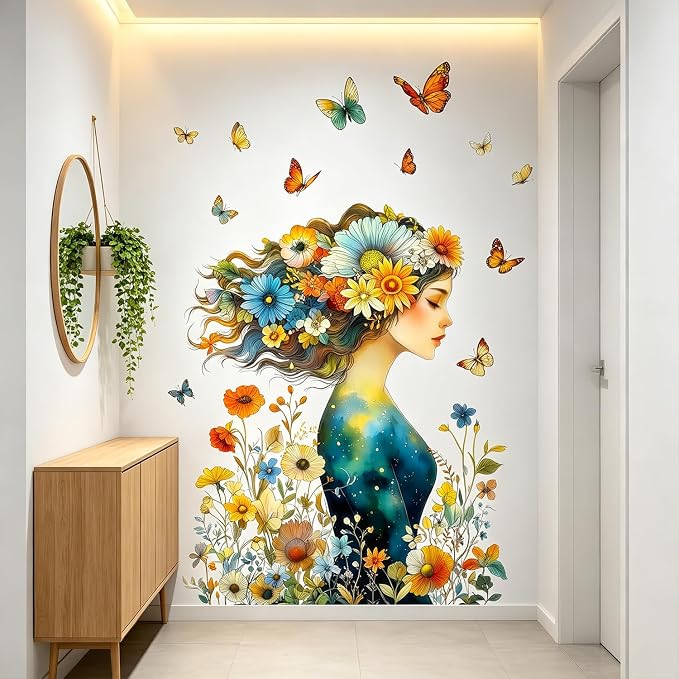 Woman Floral Flower Wall Decals, Boho Botanical Butterfly Wall Stickers | Whimsical botanical colorful butterflies peel and stick wall decor, removable vinyl wall art mural for bedroom living room by VePret