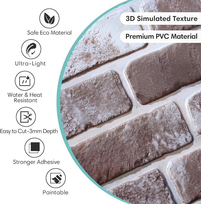 Commomy Faux Brick Wall Panels Peel and Stick Thin PVC 10 Pcs 11.8" x 11.8" | Small Size Thin PVC Quick Wall Covering Home Decor for Kitchen,Fireplace,Home Office (Covers 9.7 sq.ft) - Image 3