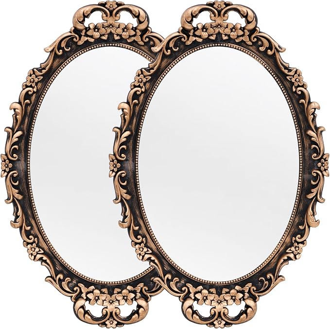 Tstarer Vintage Decorative Gold Framed Mirror, Wall Hanging Mirrors & Tabletop Tray for Bedroom Living Room Dresser Decor, Oval- 9.6" W x 14.3" L (BRONZE-2PACK) by Tstarer