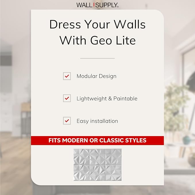 Wall!Supply 3D Geo Lite Wall Panels, 12-Pack, White | Lightweight XPS Foam, Wallpaper Alternative, Easy DIY Installation, Covers 32.29 Sq Ft, for Living Room, Bedroom, Office - Image 3