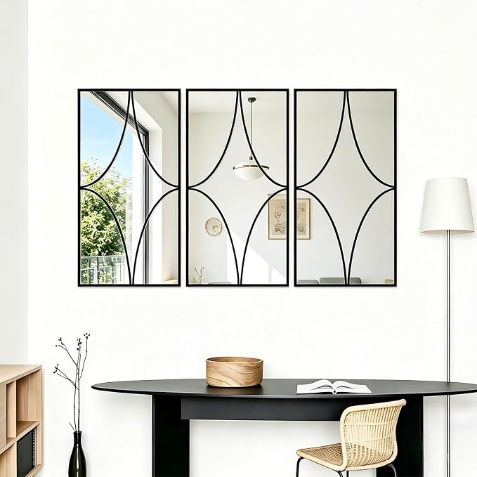 Set of 3 Large Rectangular Wall Mirror, Black Rust Resistant Metal Frame Decorative Mirror,Multi-Shape Layout Wall Mount Mirror for Living Room Bedroom Entryway,Dual Use Decor Grooming - Image 3