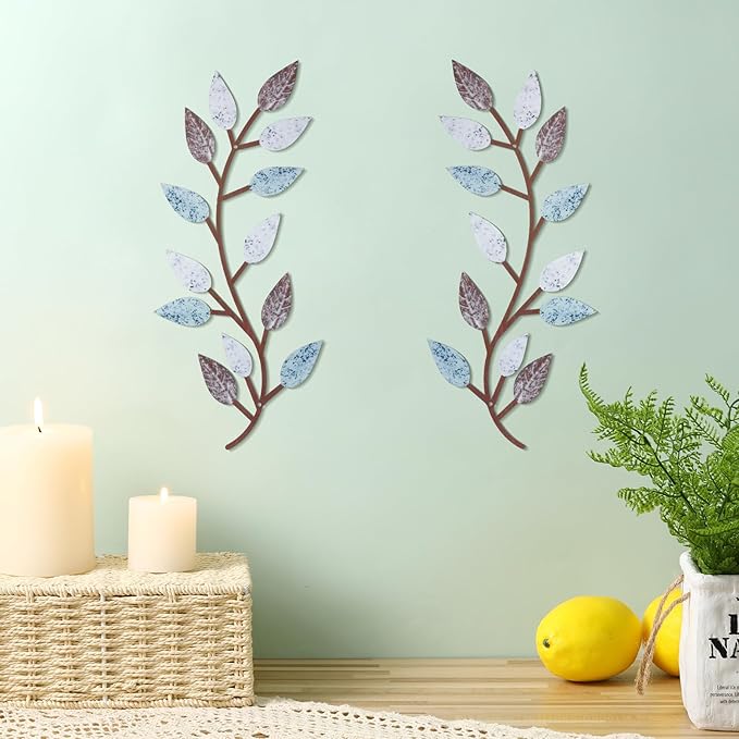 Zhengmy 2 Pcs Metal Leaf Wall Art Vine Branch Decor,Blue Brown Colors | Olive Branch Metal Decor for Living Room Hallway, Symmetrical Leaf Pair for Doorway Entryway, Lightweight Hanging Art Design - Image 3