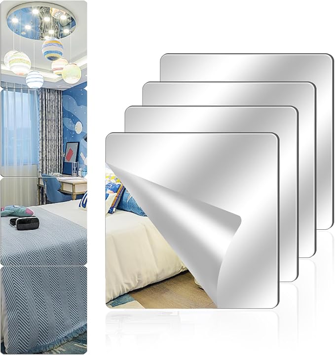 4 Pack Acrylic Mirrors for Wall,8" x 8" Self Adhesive Frameless Small Mirror Tiles, Flexible Plastic Mirror Sheets for Home Wall Decor Bedroom Gym DIY (4, 8" x 8") by Unknown