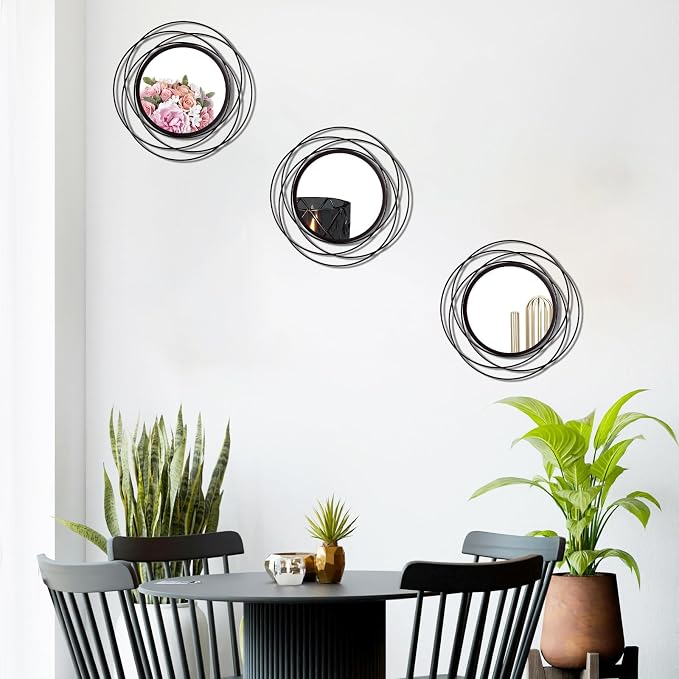 3 Set Round Mirrors for Wall Decor Living Room Bedroom Bathroom Dining Room Metal Circle Mirror Set Boho Decorative Sunburst Wall Art Accent Entryway - Black 9.5 in - Image 2