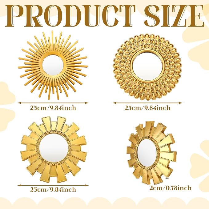 Fourluoo 3 Pack Gold Sunburst Wall Mirrors Decor, Sun Mirror Wall Decor - Image 3