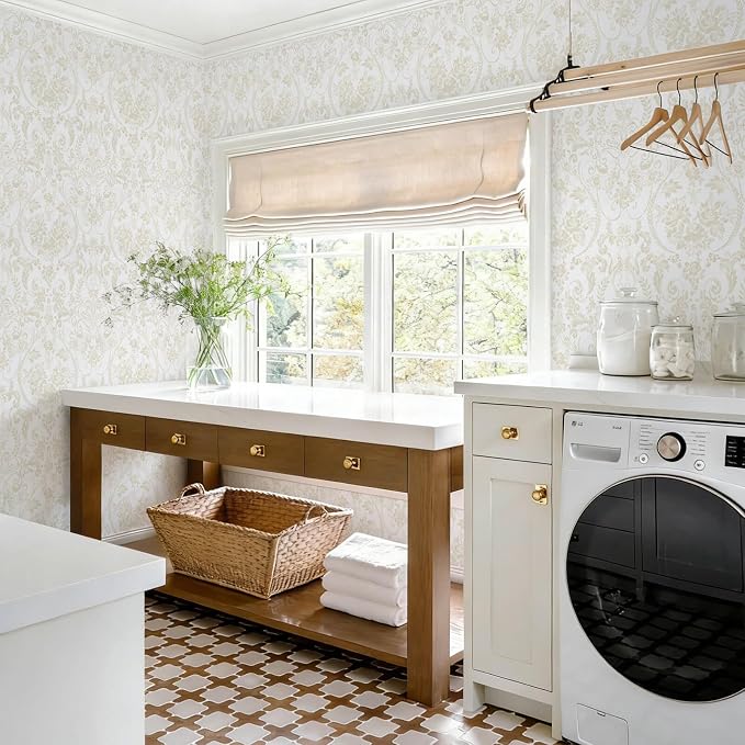 Peel and Stick Wallpaper for Bedroom Beige and White Damask Waterproof - Image 3