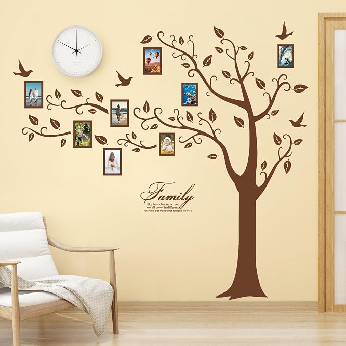 Large Family Photo Tree Wall Sticker 3D Peel and Stick Vinyl Photo Frame Tree Wall Decals Removable Quotes Leaf and Birds Wall Decor for Home Kids Bedroom Living Room Classroom Nursery (Left, Brown) - Image 3