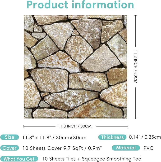 Commomy Faux Stone Peel and Stick 3D Wall Panels 10 Pcs 11.8" x 11.8" | Ultralight Thin PVC Printable Faux Rock Wall Covering Decorative Tiles for Living Room,Fireplace(Covers 9.7 sq.ft) - Image 6