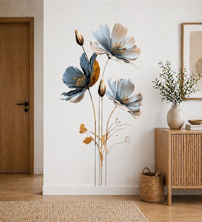 Blue & Gold Floral Wall Decal for Bedroom Living Room, Semi-Transparent Vinyl Peel and Stick Wall Sticker, Waterproof Removable Modern Flower Wall Art for White Walls - Image 7