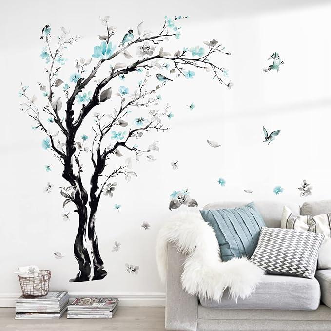 decalmile Blue Flower Tree Blossom Floral Sofa TV Wall Decals Stickers (XL) - Image 2
