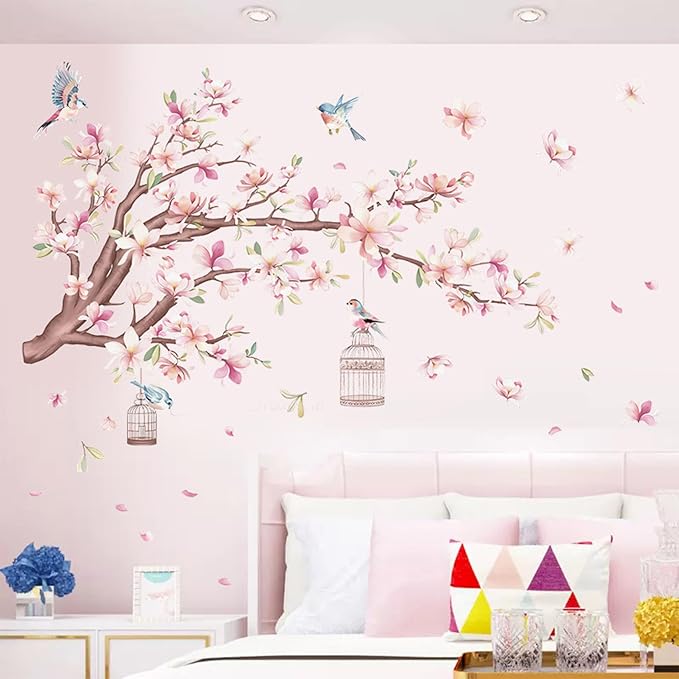 Cherry Blossom Flowers Wall Decals Decor Vinyl Stickers, Magnolia Floral Tree Branch Birds Wall Art Murals, Flower Pattern Wall Stickers for Girls Bedroom Living Room Nursery Decor - Image 6