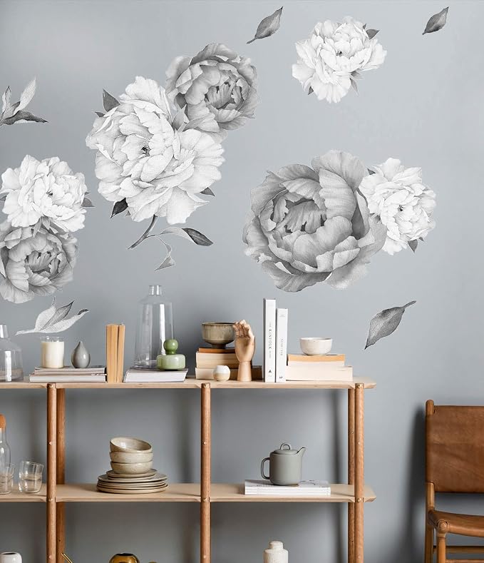 Peony Watercolor Wall Decals (Black and White Watercolor) - Flowers Decals for Wall - Botanical Bedroom Decor - Floral Peonies Grey Wall Stickers with Test Sample - Image 8
