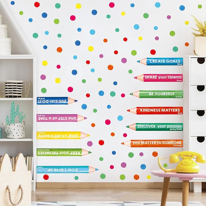 Inspirational Wall Decals, Multicolor Pencils Polka Dots Wall Stickers, Peel and Stick Motivational You Can Do It Wall Decor for Playroom Classroom Nursery Preschool Decoration by Kasubeso