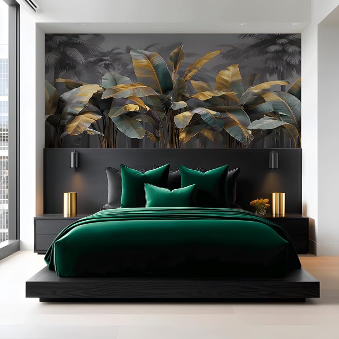 ASJ Tropical Peel and Stick Wallpaper Mural, Gold Leaf Banana Green | Seamless edge-to-edge match. Art deco dark palm tree artwork, 177x102 in, premium fabric, living room bedroom. - Image 3