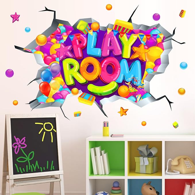 Kids Playroom Wall Decals Colorful 3D Broken Wall Stickers Peel and Stick | Playroom sign, removable vinyl art wall murals, colorful inspirational decoration, for classroom nursery baby bedroom school - Image 3