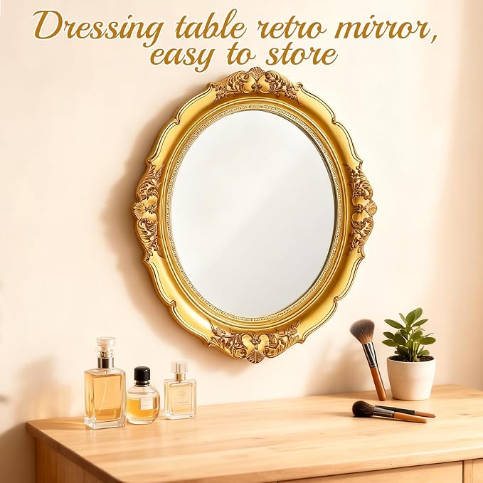 4 PCS Vintage Gold Mirror Set Vintage Mirrors for Wall Antique Shield Shape Square Oval Decorative Mirror Jewelry Dresser Organizer Tray for Living Room Bedroom Wedding Desktop Photography Decoration - Image 4