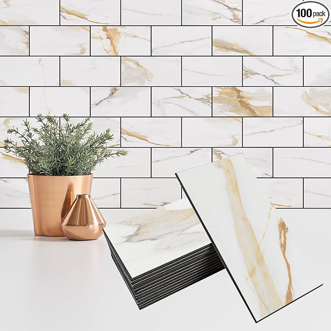 StyloVue 100 Pieces Peel and Stick Backsplash for Kitchen, 3" x 6" PVC Subway Tile Upgraded Calacatta Gold with Dark Gray Grout Backsplash Stick on Tile Elevate Kitchen, Bathroom, Fireplace,RV by StyloVue
