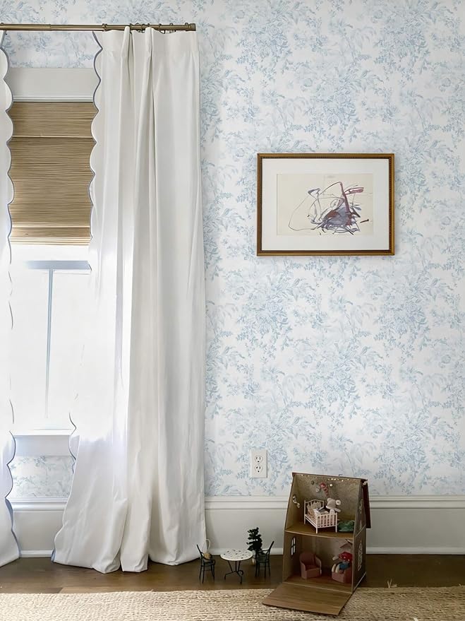 Heroad Blue Peel and Stick Wallpaper Vintage Floral Contact Paper Girly Wallpaper Boho Flower Wall Paper Removable Self Adhesive Stick On Walls for Bedroom Bathroom Waterproof Vinyl Roll 17.3''x196'' - Image 2